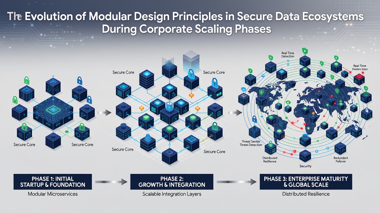 Illustration of interconnected secure modules expanding across a corporate data infrastructure