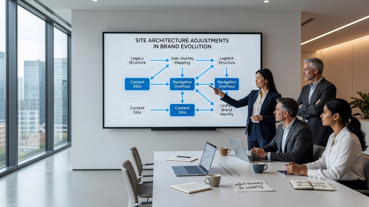 Flowchart showing navigation updates and redirect mapping in brand site restructuring